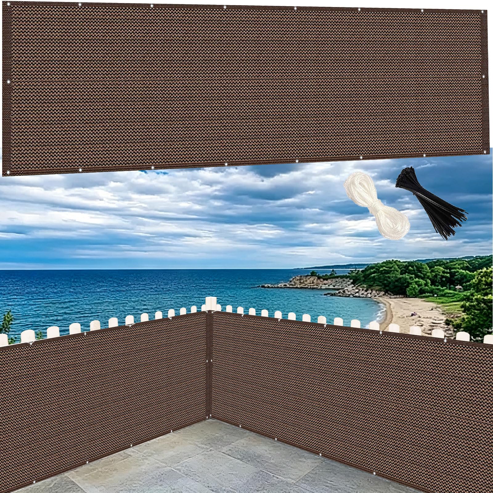 Fransto 90 x 480 cm, osłona na balkon, ochrona przed promieniowaniem UV, osłona zewnętrzna z przelotkami i opaskami, do ogrodu, na taras, brązowa - idealna dla zwiększonej prywatności