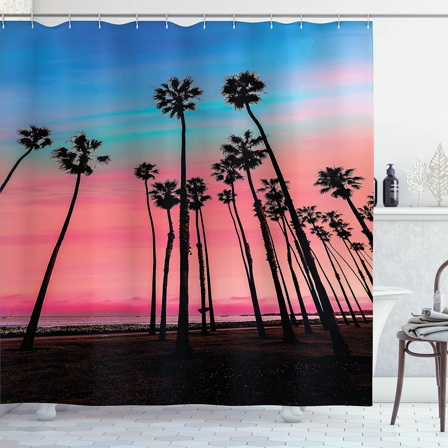 Ambesonne Palm Tree Shower Curtain, Tree Rows in Santa Barbara USA American Holiday Destination Dreamy Heaven Dawn, Cloth Fabric Bathroom Decor Set with Hooks, 69" W x 75" L, Pink Blue