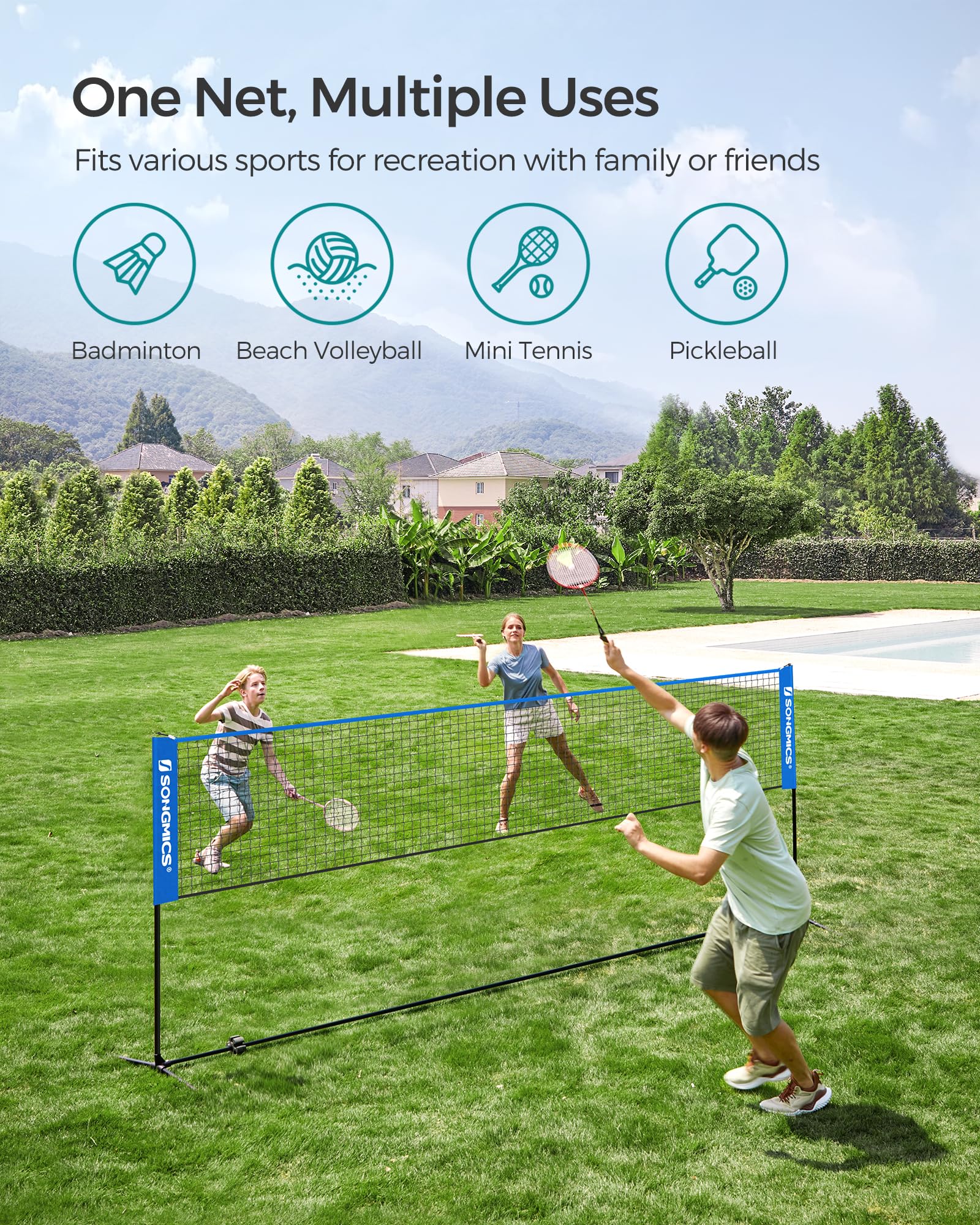 SONGMICS Red de bádminton, Red de Voleibol de Altura Ajustable, Red de Pickleball para Tenis Juvenil, cancha Interior y Exterior, Red de Nailon Plegable con Postes de 3 m/4 m/5 m de Ancho