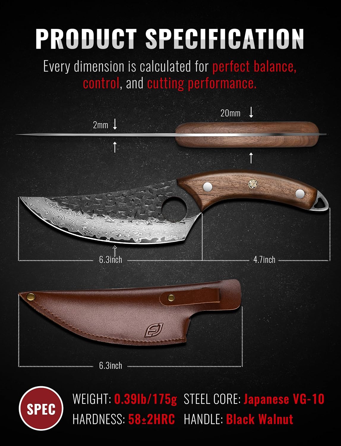 Emojoy Damascus Chef Knife, 67-Layer Damascus Steel Kitchen Knife with Black Hammered Finish, Japanese Knives for Home, Outdoor Cooking, BBQ, Include Gift Box, 6.3 Inch