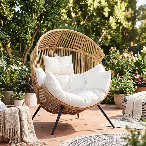 JAMFLY Egg Chair Wicker Outdoor Chairs, Oversized Patio Chair Oversized Lounger Chair with Cushion for Indoor Living Room, Bedroom, Outside Patio Backyard Balcony, Creamy White