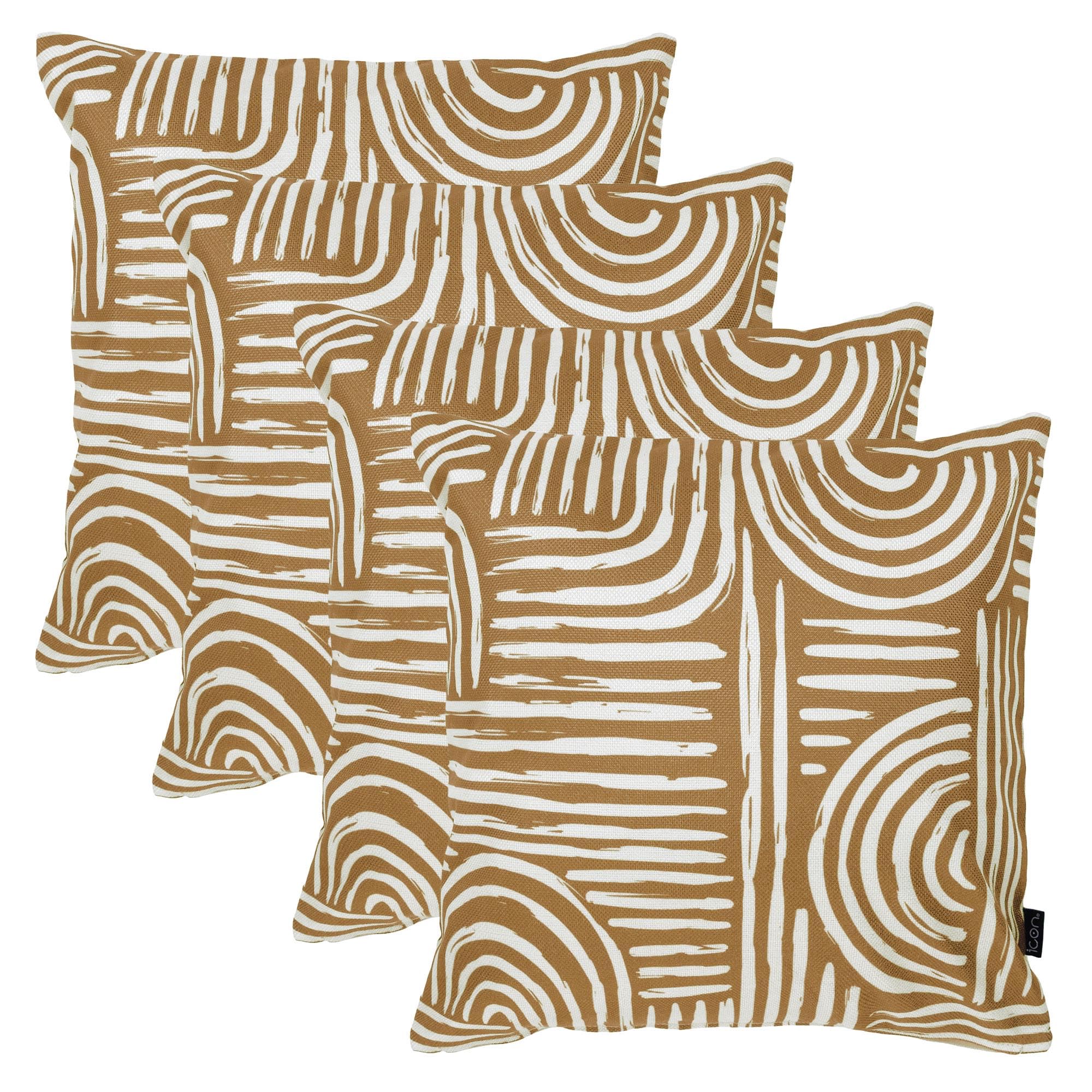 icon Indoor Outdoor Cushions Filled, Printed Collection, Curve Print, Set of 4, 43cm x 43cm, Water Resistant, Brown Outdoor Cushions for Garden Furniture, Lounge, Garden, Patio
