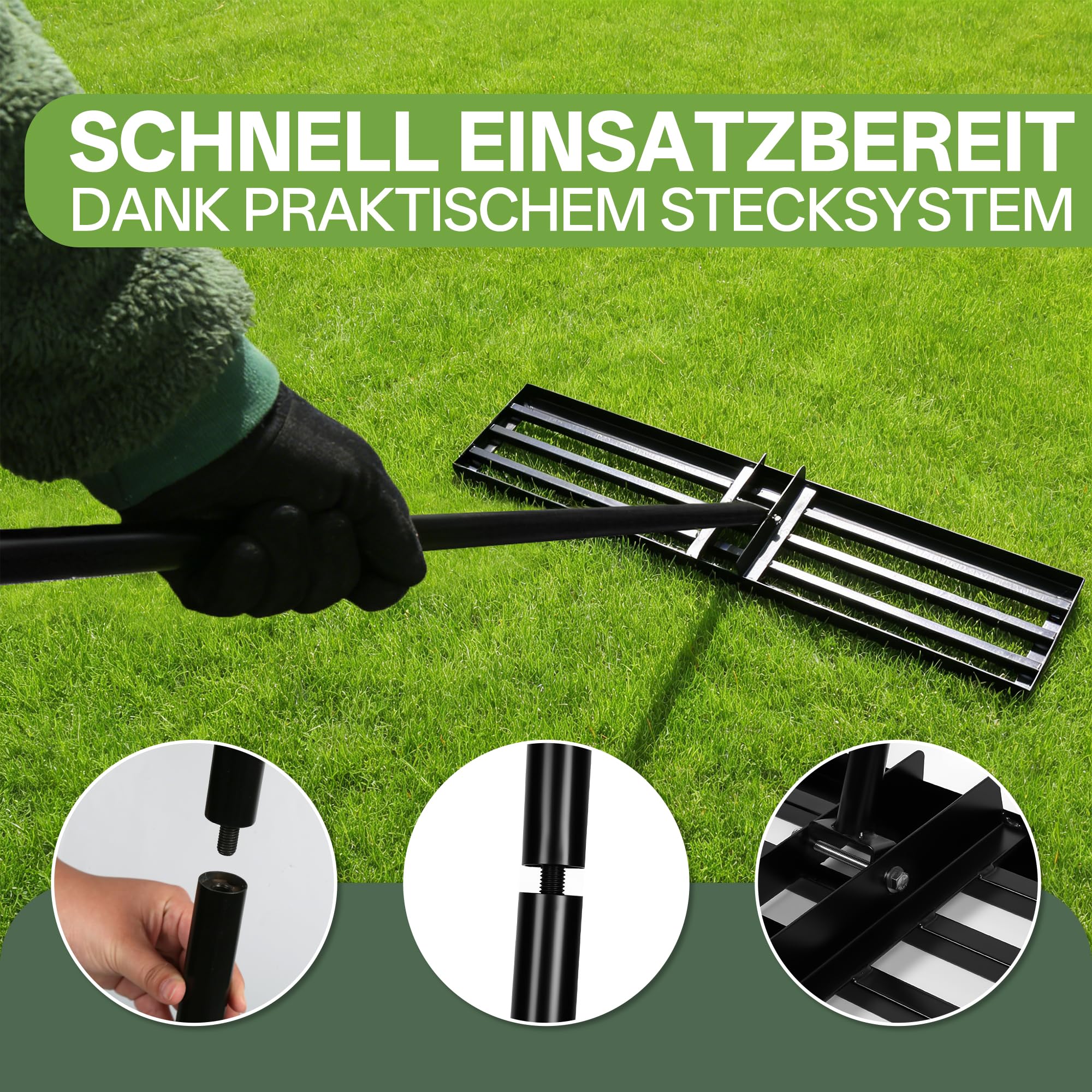 TEOV Rasenrakel Edelstahl, [100x25cm] Rasen-Nivellierungsrechen, Optimierte Gewindeverbindung gegen Lockern, Mit 2m ergonomischem Verstellbarer Stiel, für Boden, Rasenpflege & Landschaftsbau