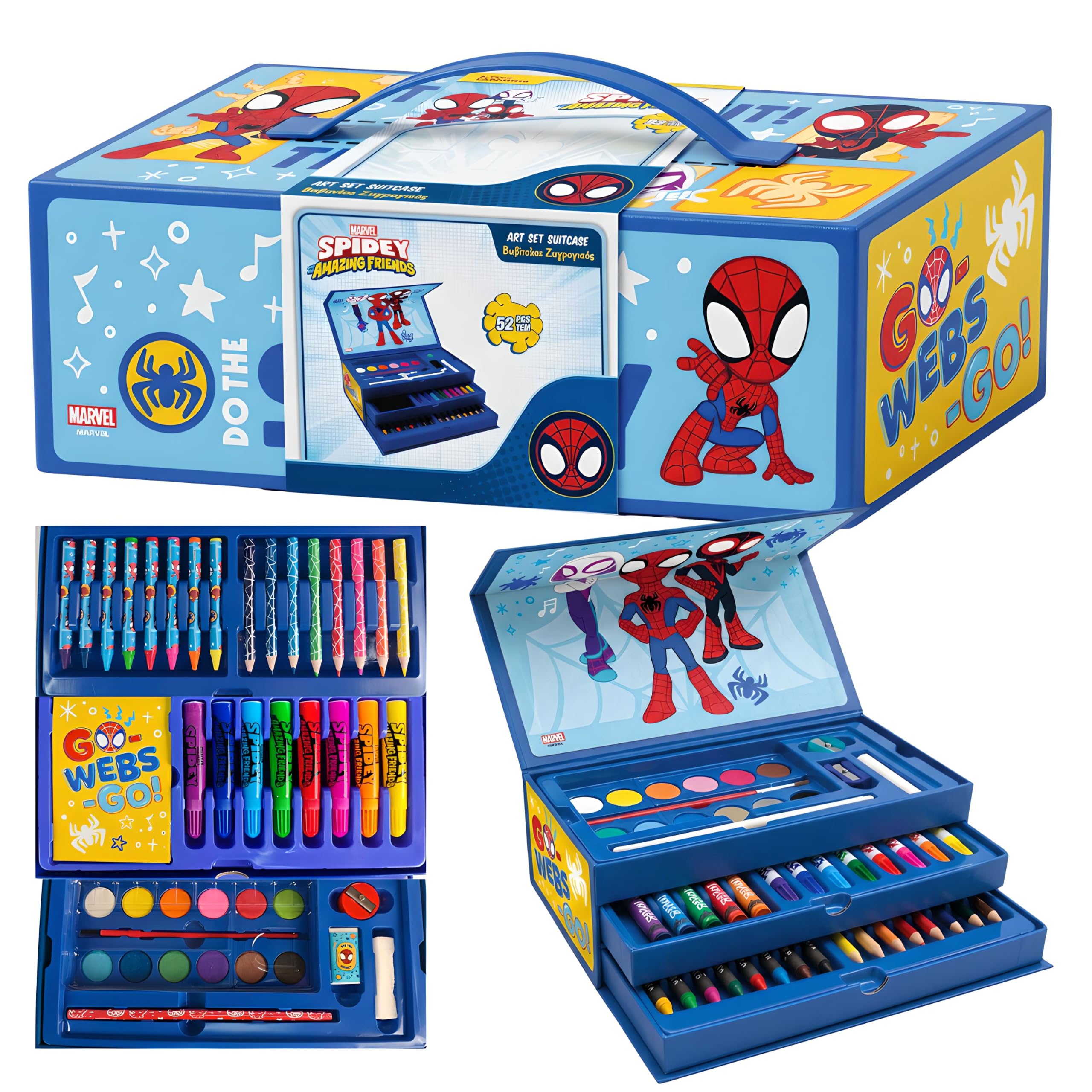 Marvel Spidey and His Amazing Friends Deluxe Colouring Art Box for Kids | 52-Piece Premium Portable Art Kit with Markers, Crayons, Colour Pencils & More | Creative Drawing & Coloring Set