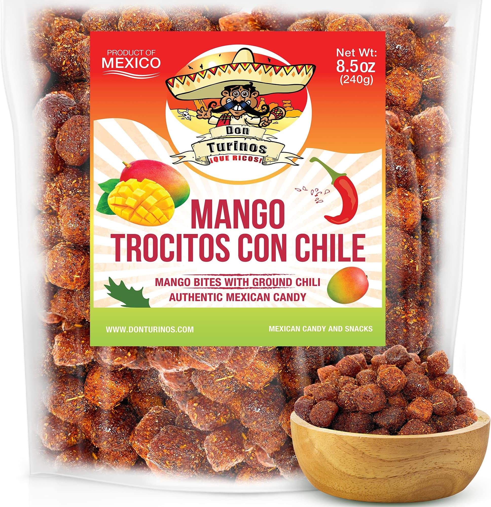 Authentic Chili Mango Mexican Candy Bites, Mango Con Chile Trocitos, A Sweet, Tangy and Spicy Treat. Dulce De Mango 8.5 oz. Bag by Don Turinos