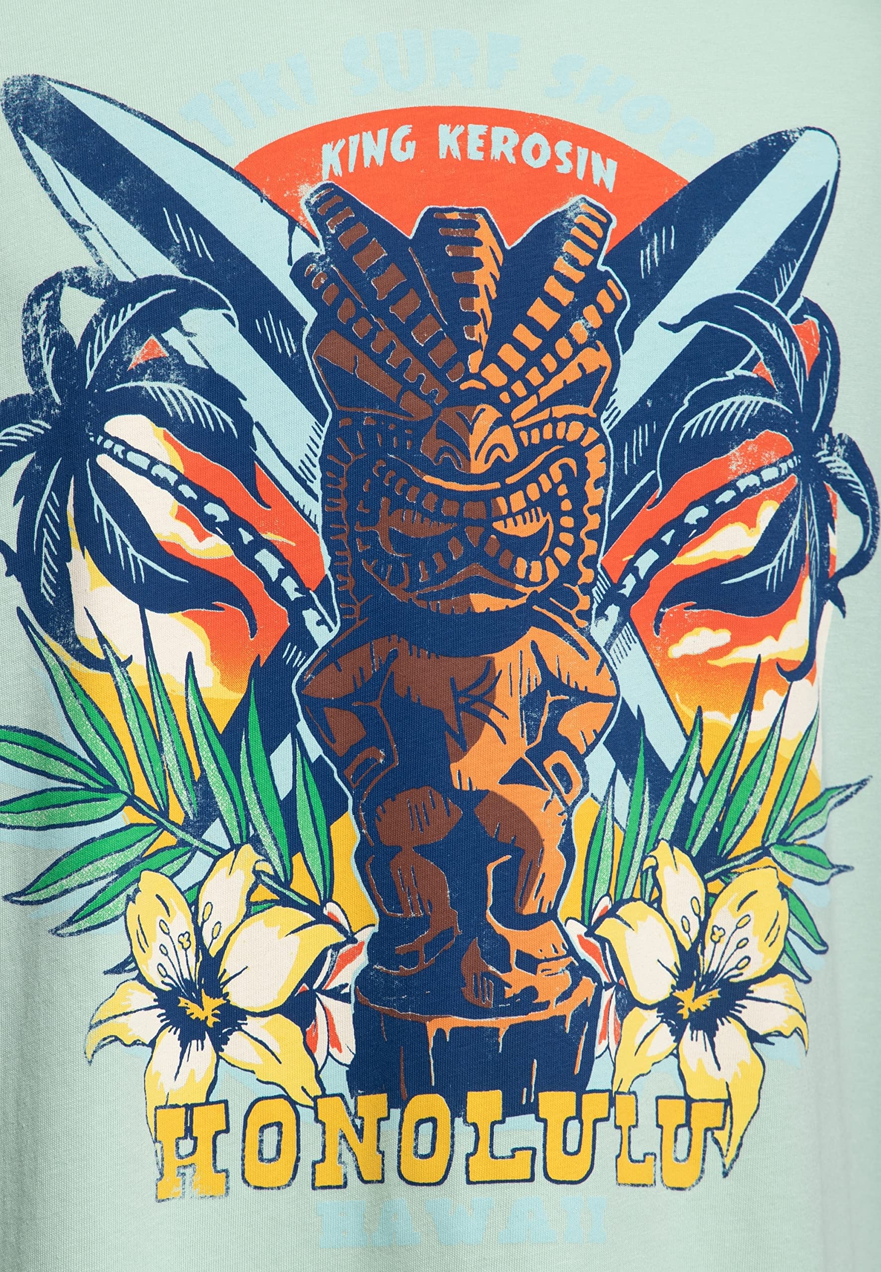 King Kerosin Męski klasyczny T-shirt | koszulka z krótkim rękawem | koszulka basic | regular fit | nadruk z przodu | retro | vintage | rockabilly | czysta bawełna | hawaje | Tikki | Surf Tiki Surf Shop