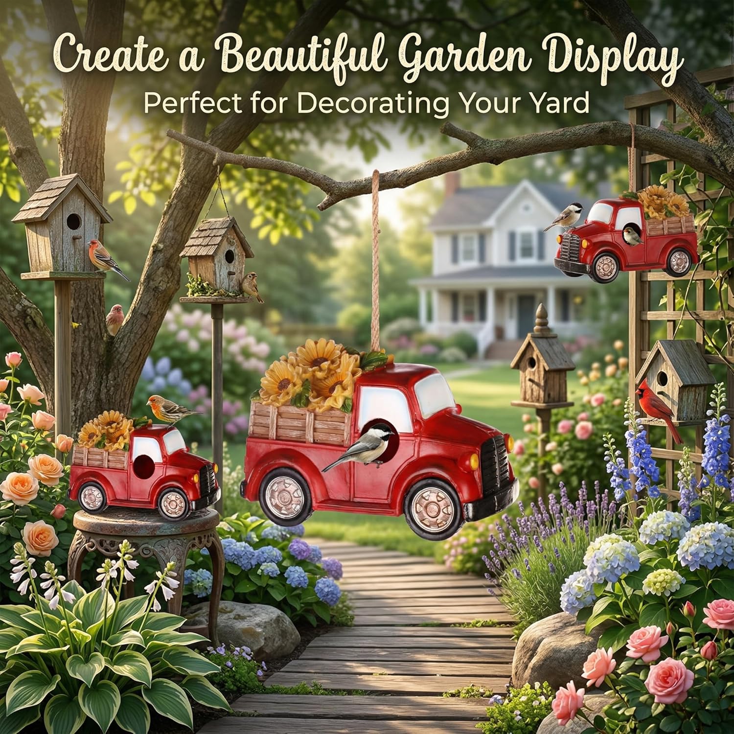 Polystone Resin Bird House Outdoor Garden Bird House, Red Truck with Flowers