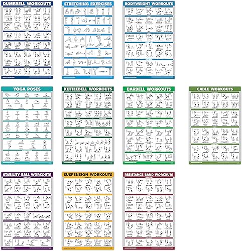 QuickFit - Juego de 10 carteles para ejercicios de ejercicio, máquina de cables, mancuernas, suspensión, pesas rusas y bandas de resistencia,