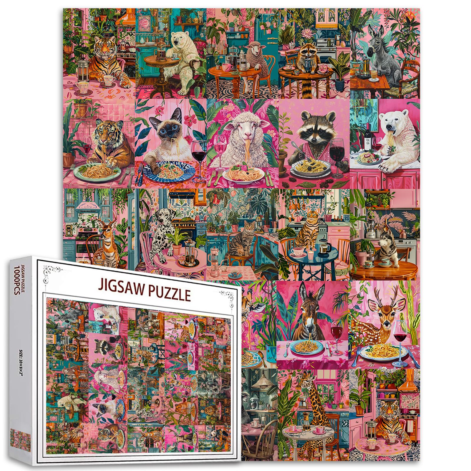 Animals Dining Jigsaw Puzzles for Adults 1000 Pieces Wildlife Eating Delicious Noodles Puzzl(Tiger, Sheep, Squirrel, Polar Bear) Puzzles 20 x 27 Inches Challenging Family Activity for Game Nights