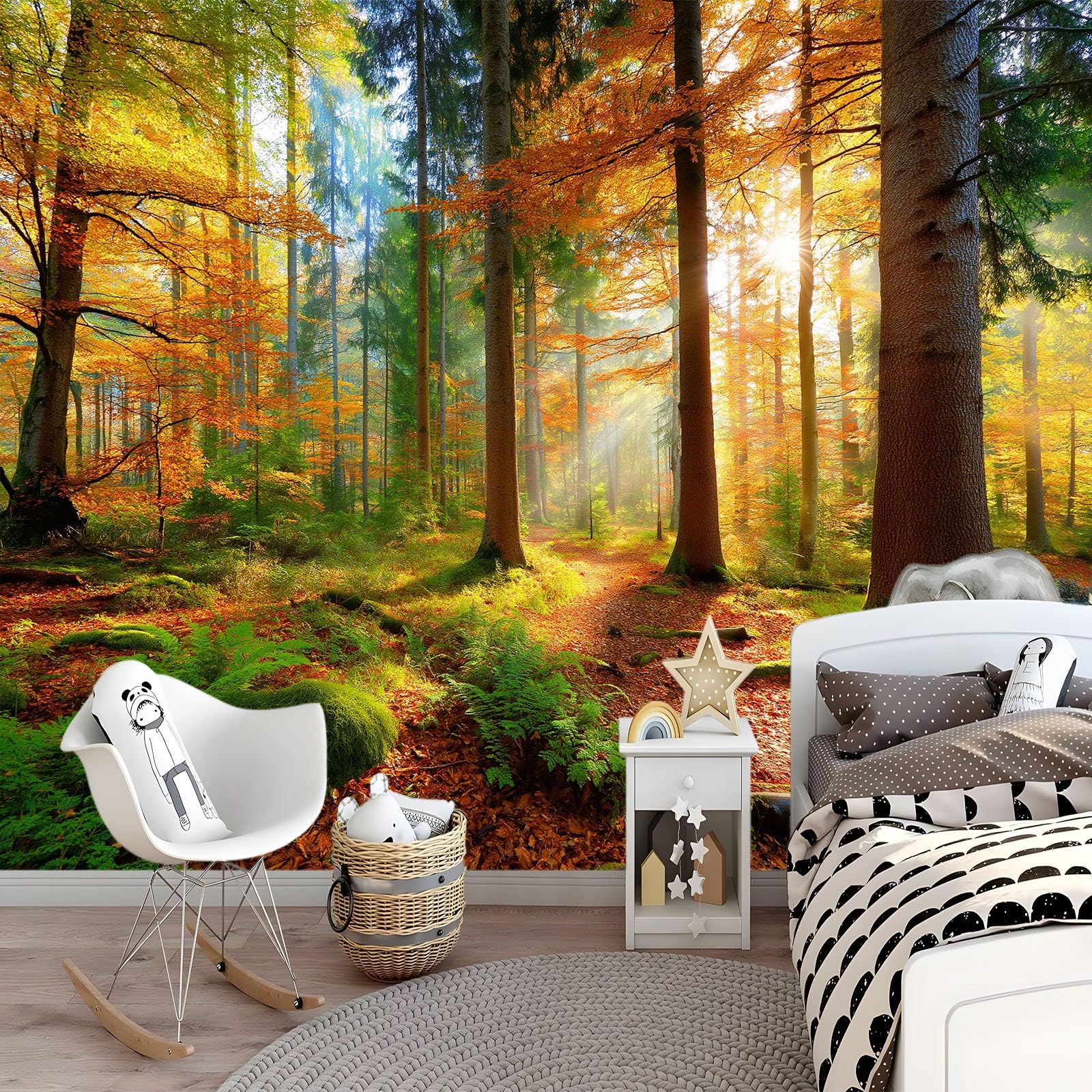 Tapeta Nordic Las Drzewa Mech Roślinność 200 x 140 cm Panoramiczny Zielony Szałwia Fototapety Dekoracja ścienna do sypialni salonu, pokoju dziecięcego, tła TV