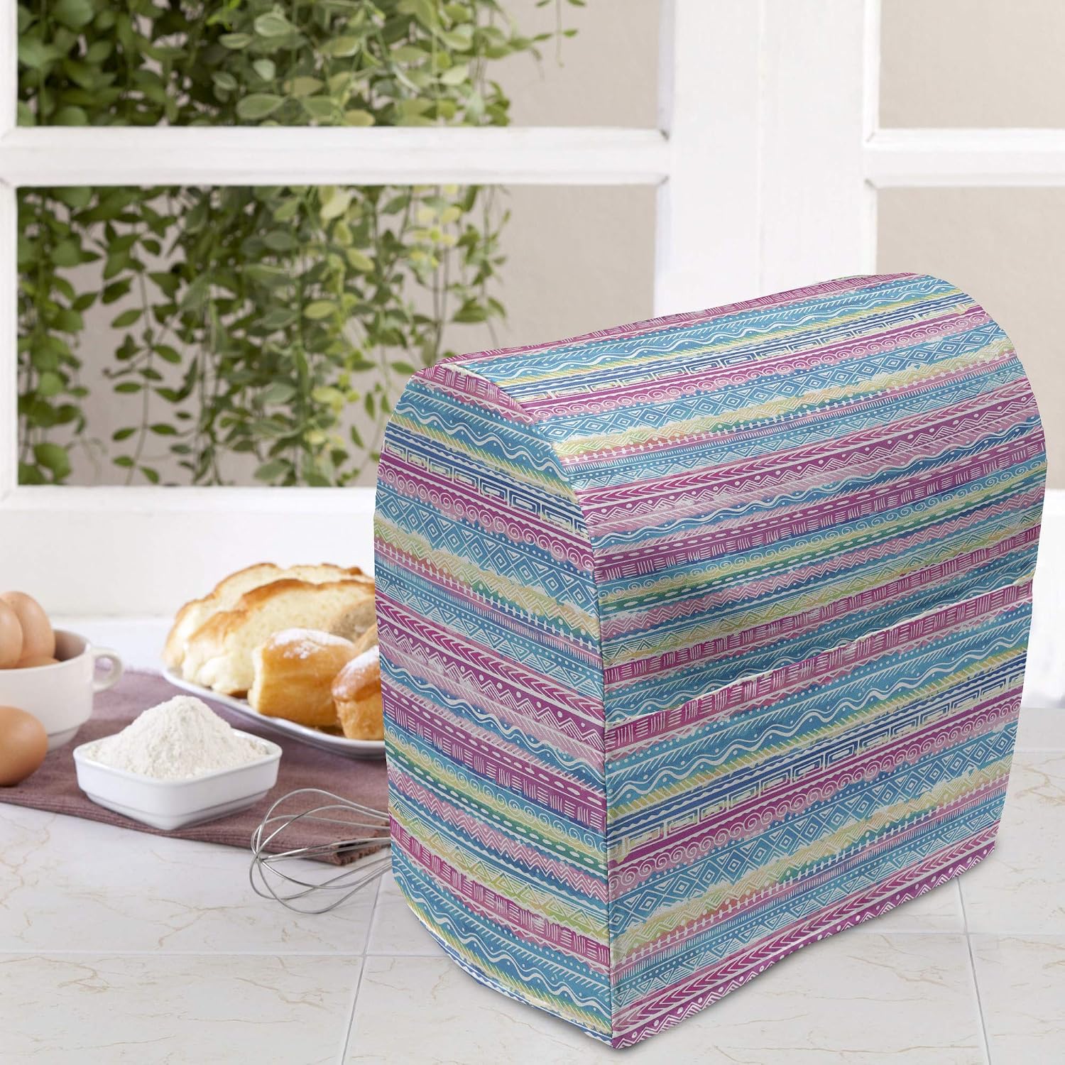 Ambesonne Tribal Stand Mixer Cover, Watercolor Tie Dye Effect Art Stripes Aquatic Theme Bohemian Aztec Print, Kitchen Appliance Organizer Bag Cover with a Pocket, 6-8 Quarts, Blue Pink Cream
