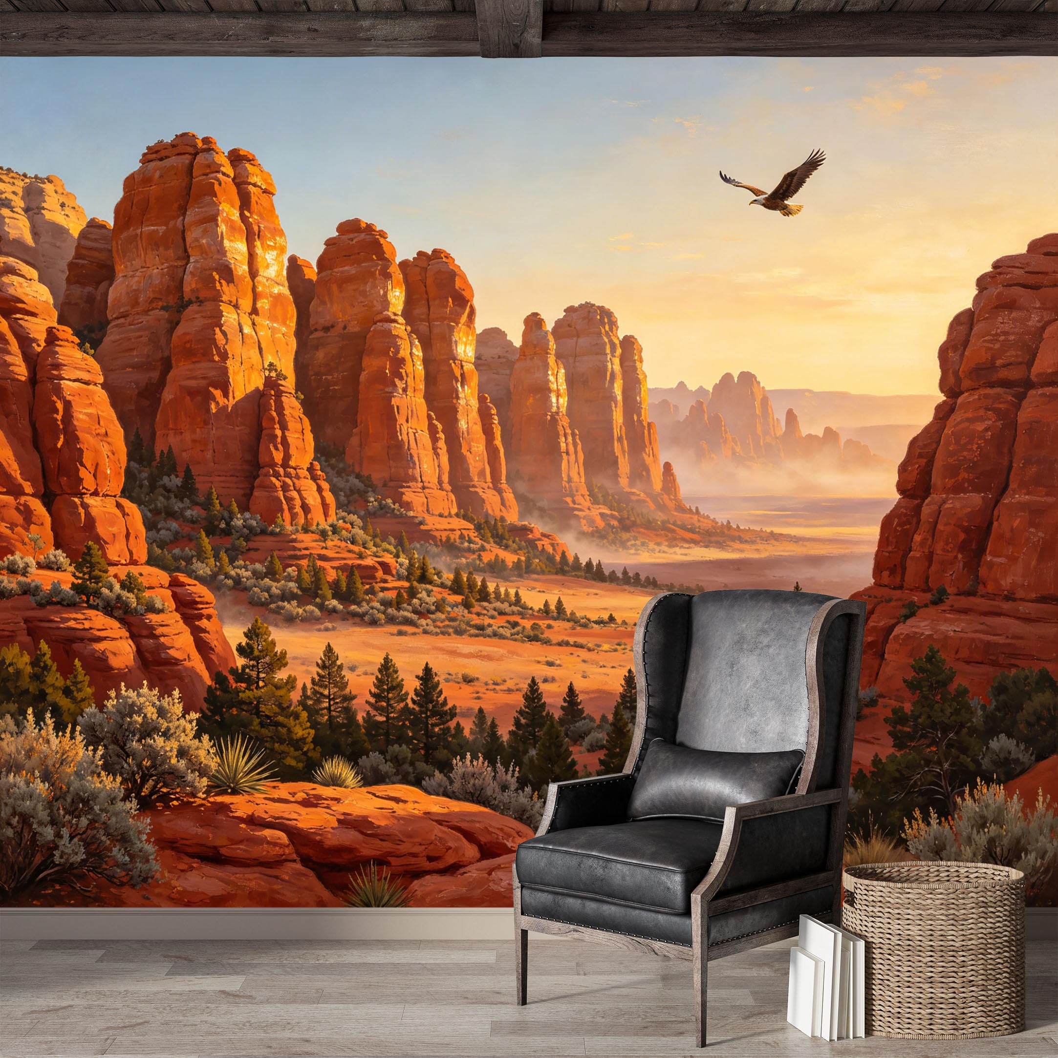 Custom Size Wall Mural,Southwestern Desert Landscape Sunset Eagle Oil Painting Premium Water Activated SelfAdhesive Wallpaper,Removable Wall Covering for Indoor Home Decor