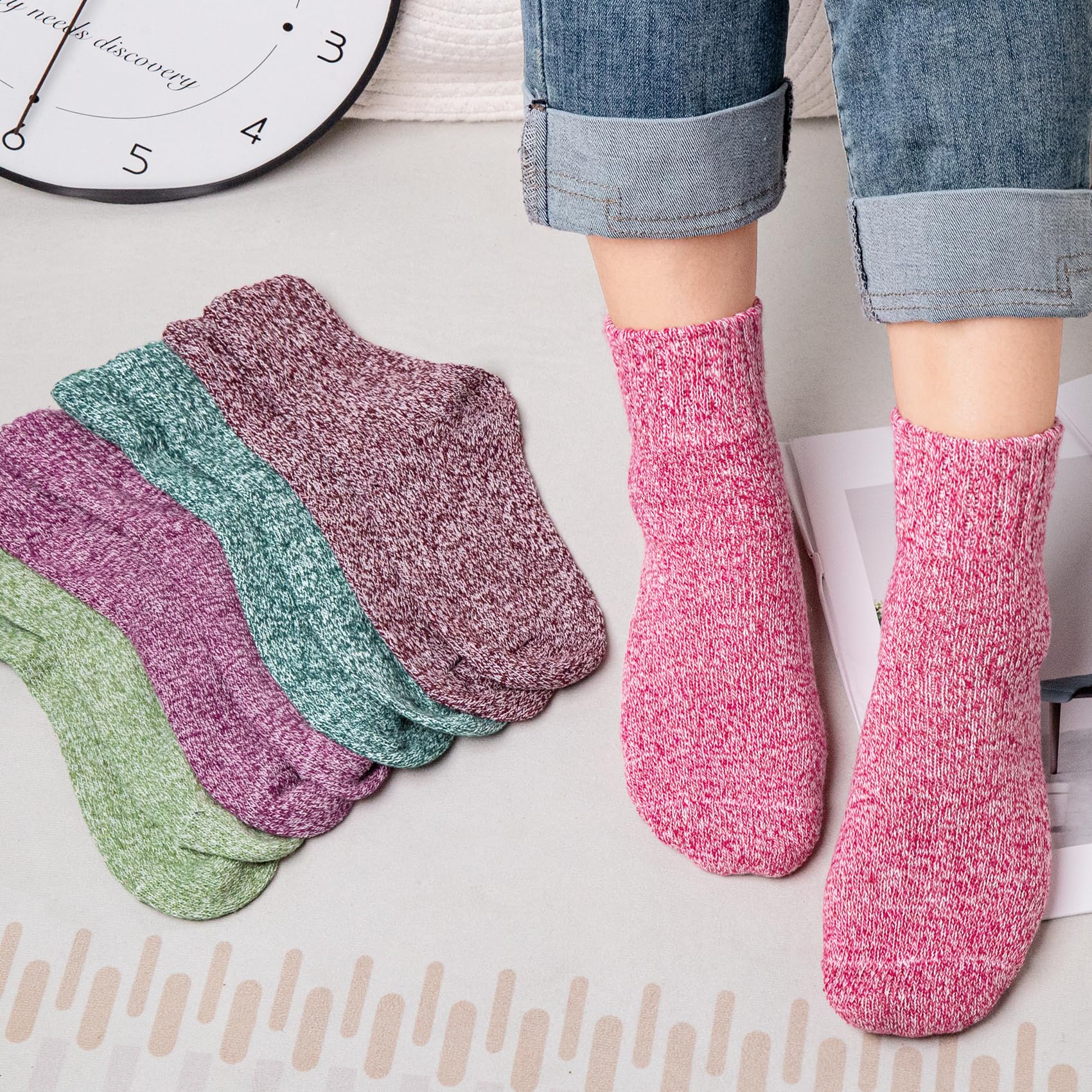 Justay 5paires Chaussettes Femme en Laine Mérinos Chaude Douce pour Hiver, Chaussette Épaisse Unisexe Multicolore（vert, rose, rouge 36-42）, (001-1)