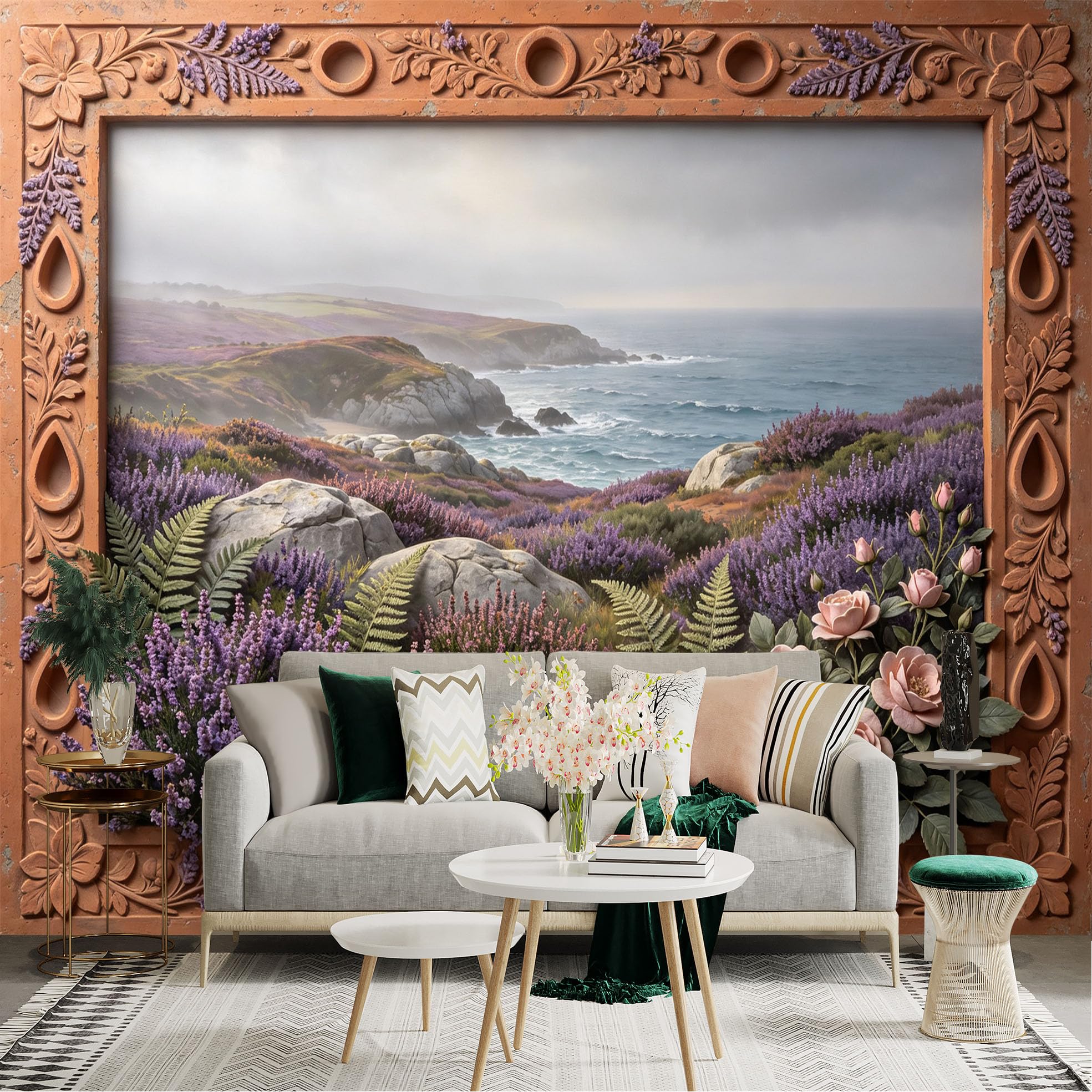 Lnzczhyre Bh260719101 Custom Size Wall Sticker Mural， Coastal Landscape With Blooming Flowers， Ferns And Roses， Decorative Frame Design， For Wall Decoration， Peelandstick Wall Decals.