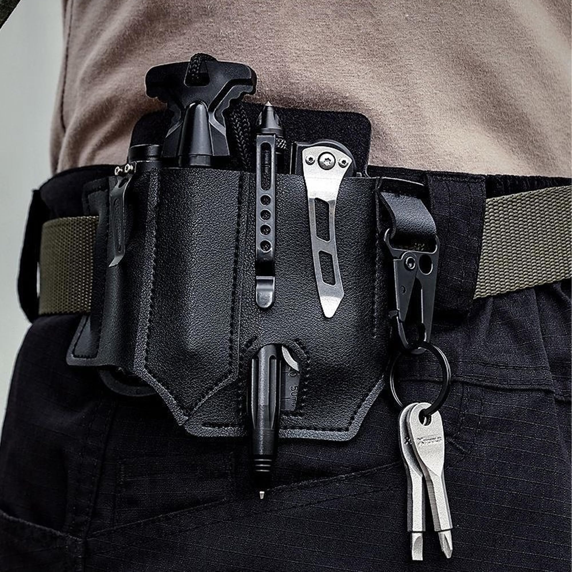 Organisateur de Gaine en Cuir EDC, Gaine Multifonction Taille Boucle de Ceinture avec Porte-clés, Organisateur de Poche avec Porte-Stylo, Gaine de Lampe de Poche, Outils de Camping en Plein air