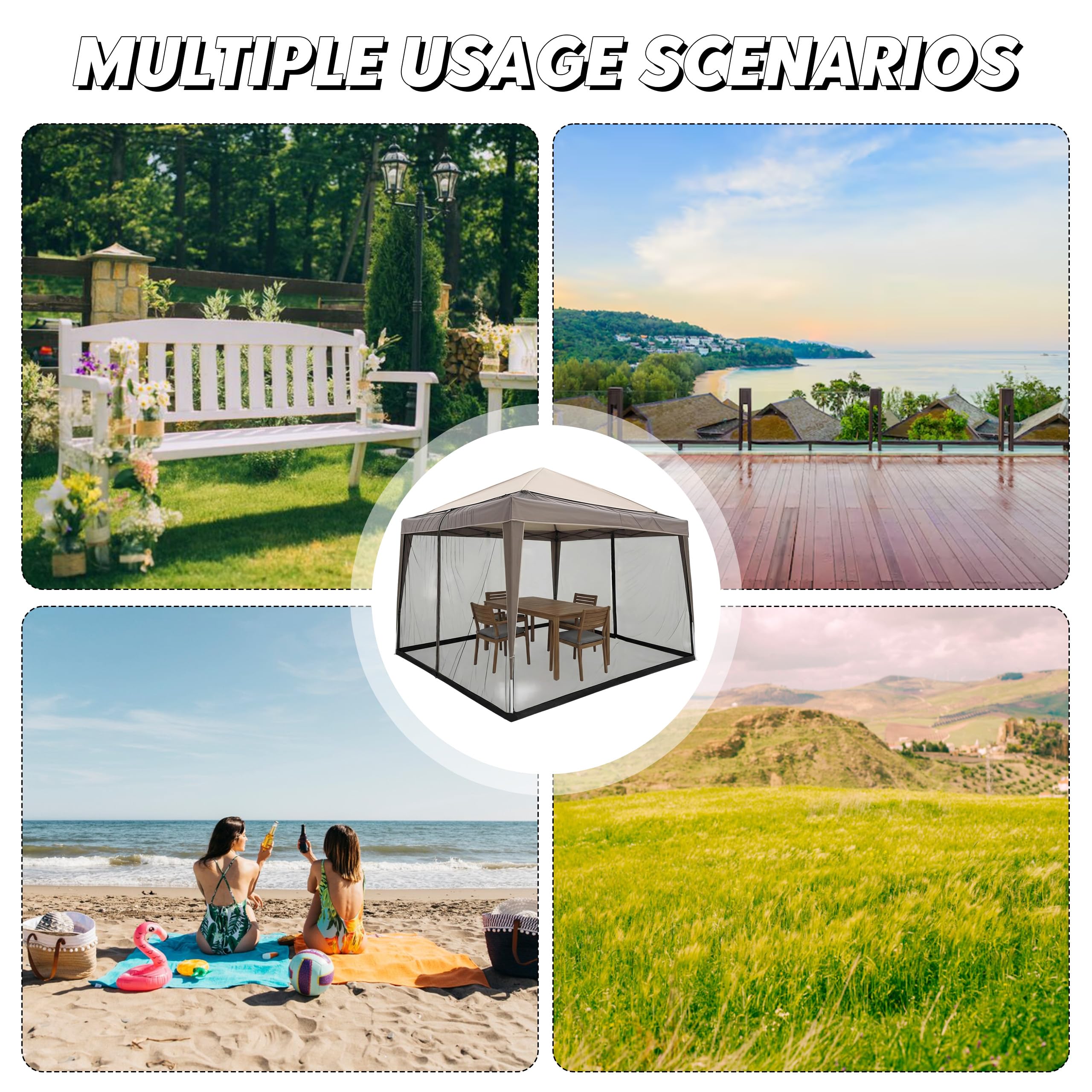 Moustiquaire pour tonnelle, 3 x 3 m, réglable, avec 2 portes zippées, avec pied rempli d'eau, pour jardin, patio, cour, camping, noire