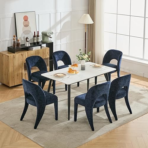 Miniatura 5 de Set of 2 Dining Chairs with Hollowed-Out Backrest, Chenille Upholstered Desk Chair and Table & Chair Sets for Kitchen and Dining Room,Blue