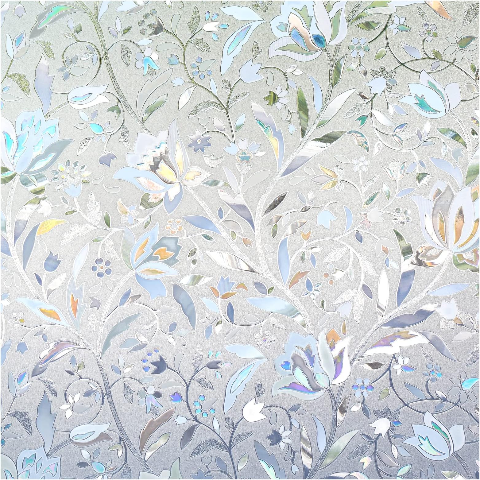 DOWELL Window Privacy Film, 3D Stained Glass Rainbow Films, Decorative Window Vinyl Sun Blocker Door Covering, Static Cling Non-Adhesive Glass Sticker for Home, Blooming Flowers, 17.5"x78.7"