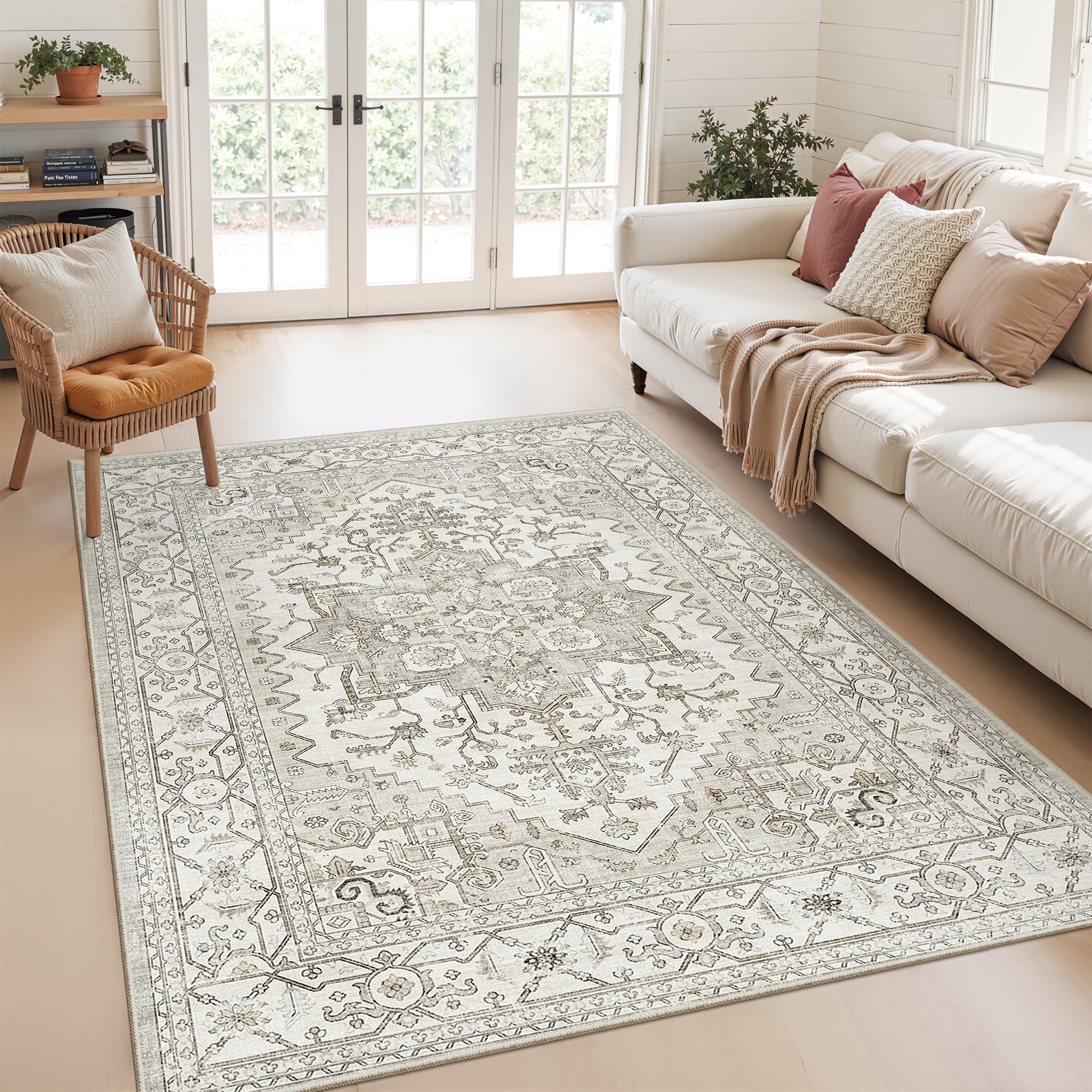 Area Rugs for Living Room - 3x5, Boho Non-Slip Low Pile Carpet Machine Washable Rugs for Bedroom, Farmhouse, Office, Dining Room (Beige)