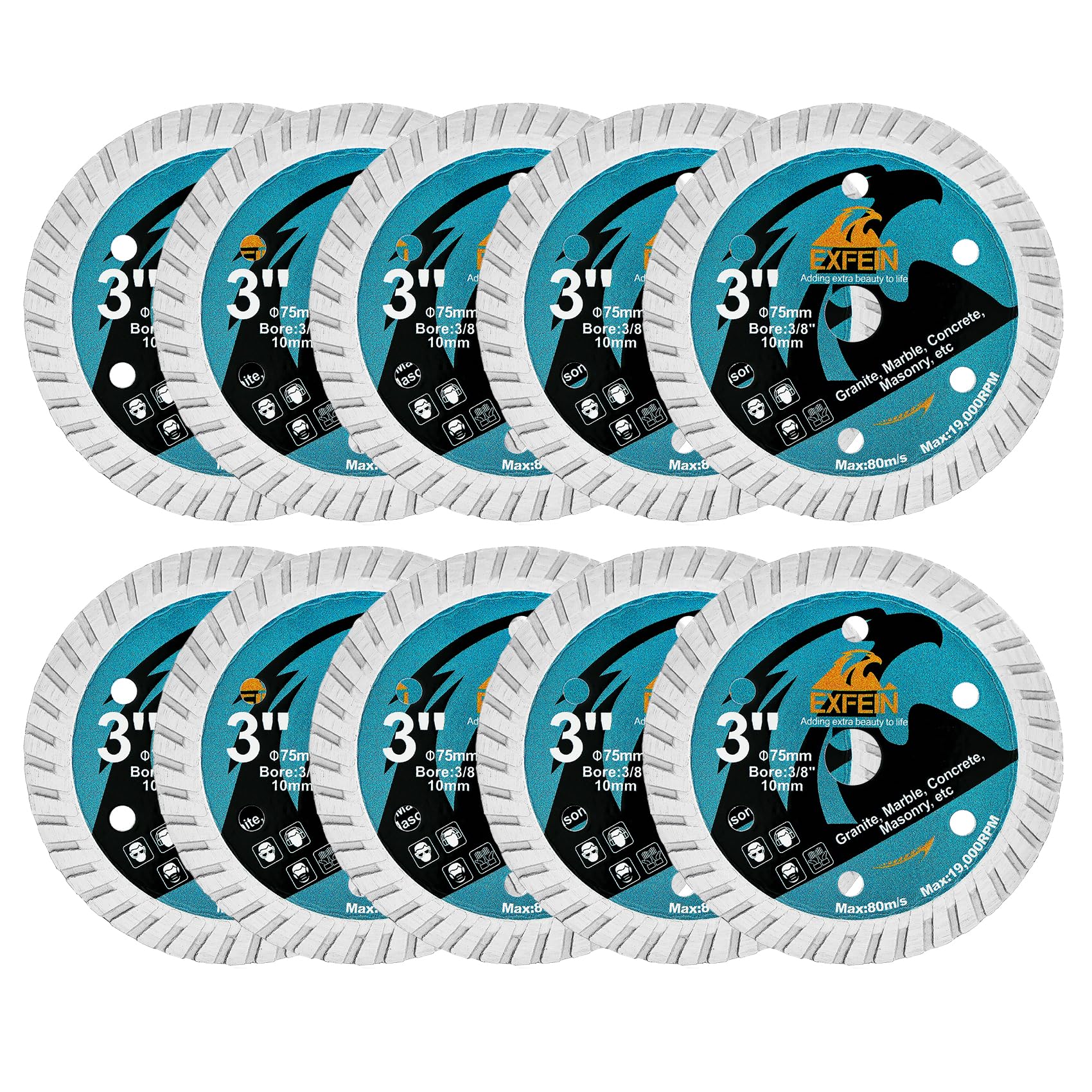 Cuchillas de diamante de 3 x 3/8 pulgadas, 10 unidades para granito, mármol, piedra artificial, piedras naturales, discos de corte de 3 pulgadas de diámetro, eje de 10 mm