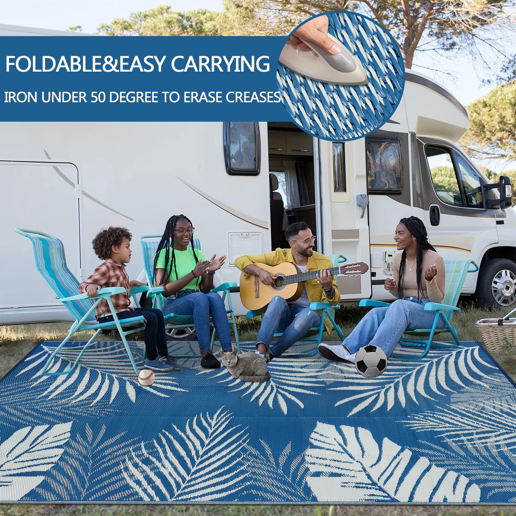 Cekene Tapis d'extérieur imperméable réversible bleu de 1,8 x 2,7 m, tapis de paille en plastique léger avec sac de transport, tapis de camping portable pour camping-car, tapis d'extérieur moderne