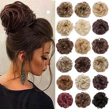 Messy Bun Hair Piece Scrunchy Updo Hair Pieces for Women Fluffy Wavy Hair Bun Scrunchies Donut Hairpiece Synthetic Chignons with Elastic Rubber Band Coffee Brown 2Pc