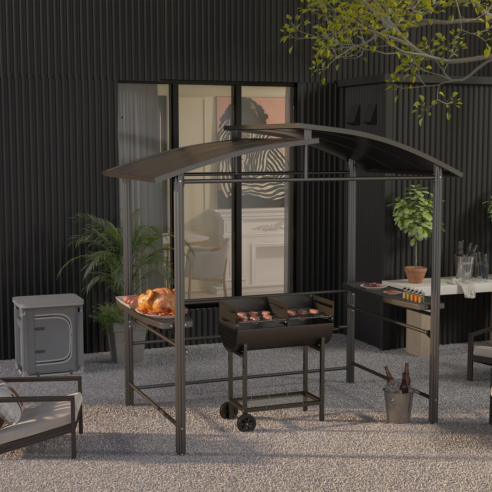 Outsunny Barbacoa de Carbón con Parrilla Ajustable en Altura para Exterior Barbacoa Portátil con Estante de Almacenaje y Ruedas 90x45x96 cm Negro