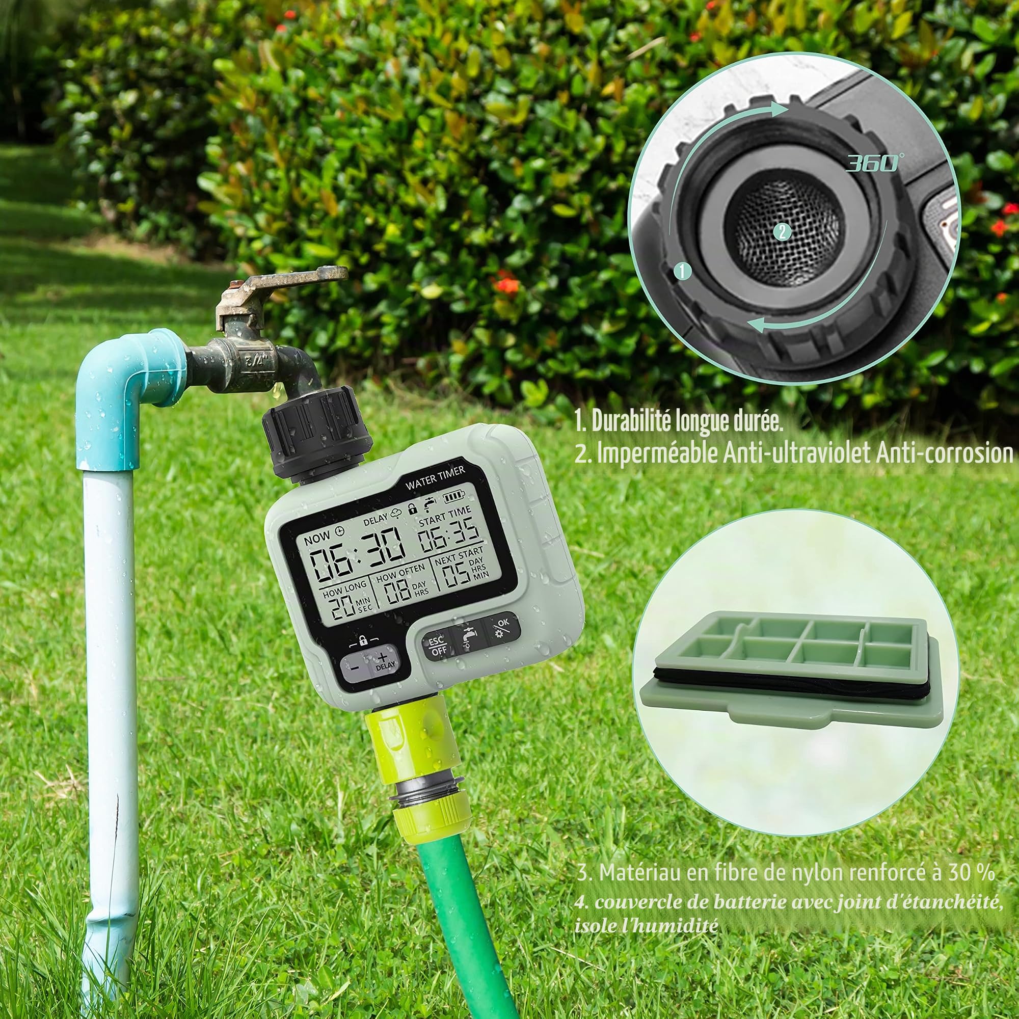 CROSOFMI Programmateur Arrosage Automatique Minuteur Arrosage pour Jardin Programmateur Robinet Arrosage Connecté/Mode Verrouillage Enfant/Mode Automatique & Manuel/Retard De Pluie/IPX5 Étanche