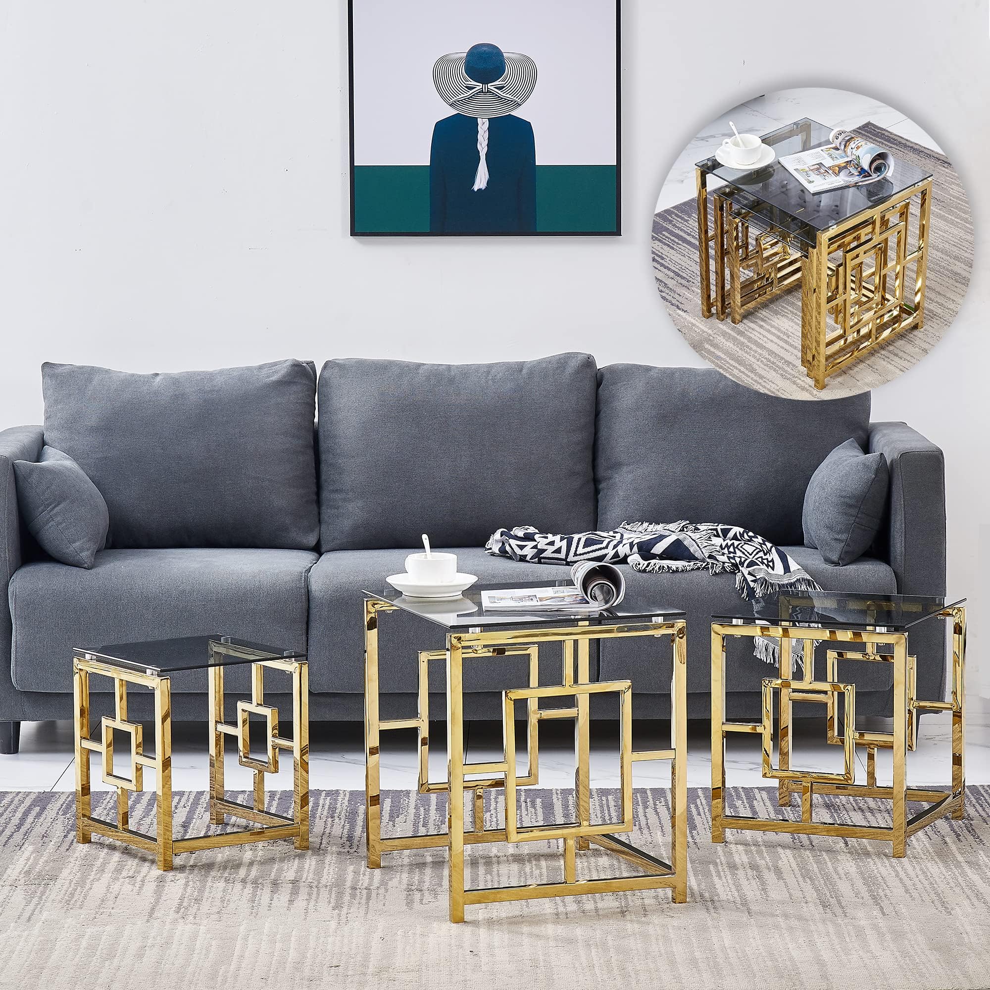 Nest of Table Set of 3 Square Coffee Table with Gold Stainless Steel Frame Dark Glass Tabletop Ending Table Sofa Side Table for Living Room Office (Gold Frame,Dark top)