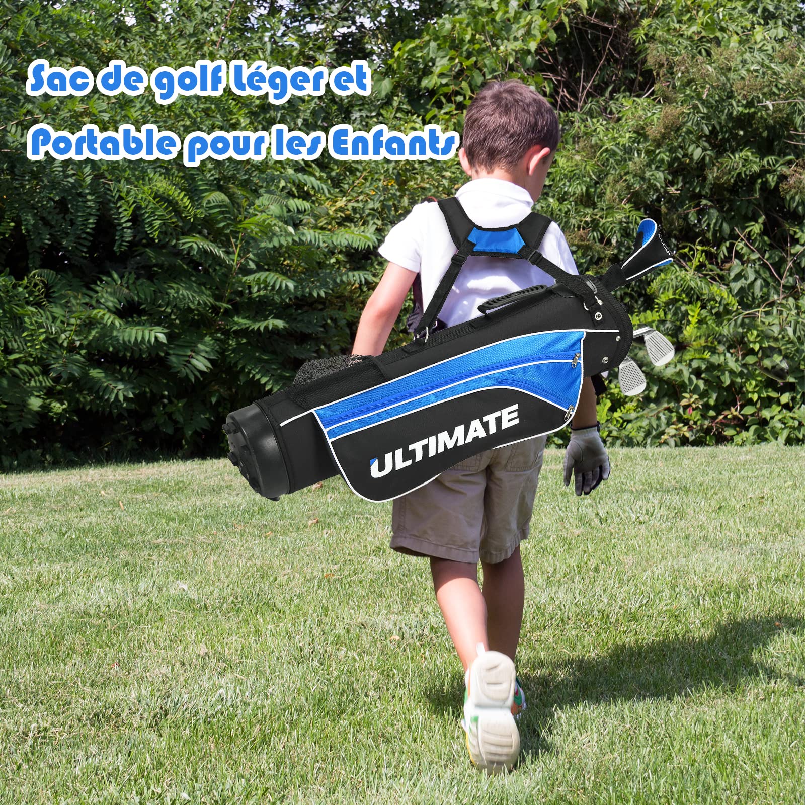GOPLUS Ensemble Club de Golf Complet en 5 Pièces, Club 3# en Bois & 7# et 9# en Métal & Putter & Sac à Trépied, Idéal pour Enfant, Adolescents, Débutants, Garçons, Filles, Amateur, Bleu
