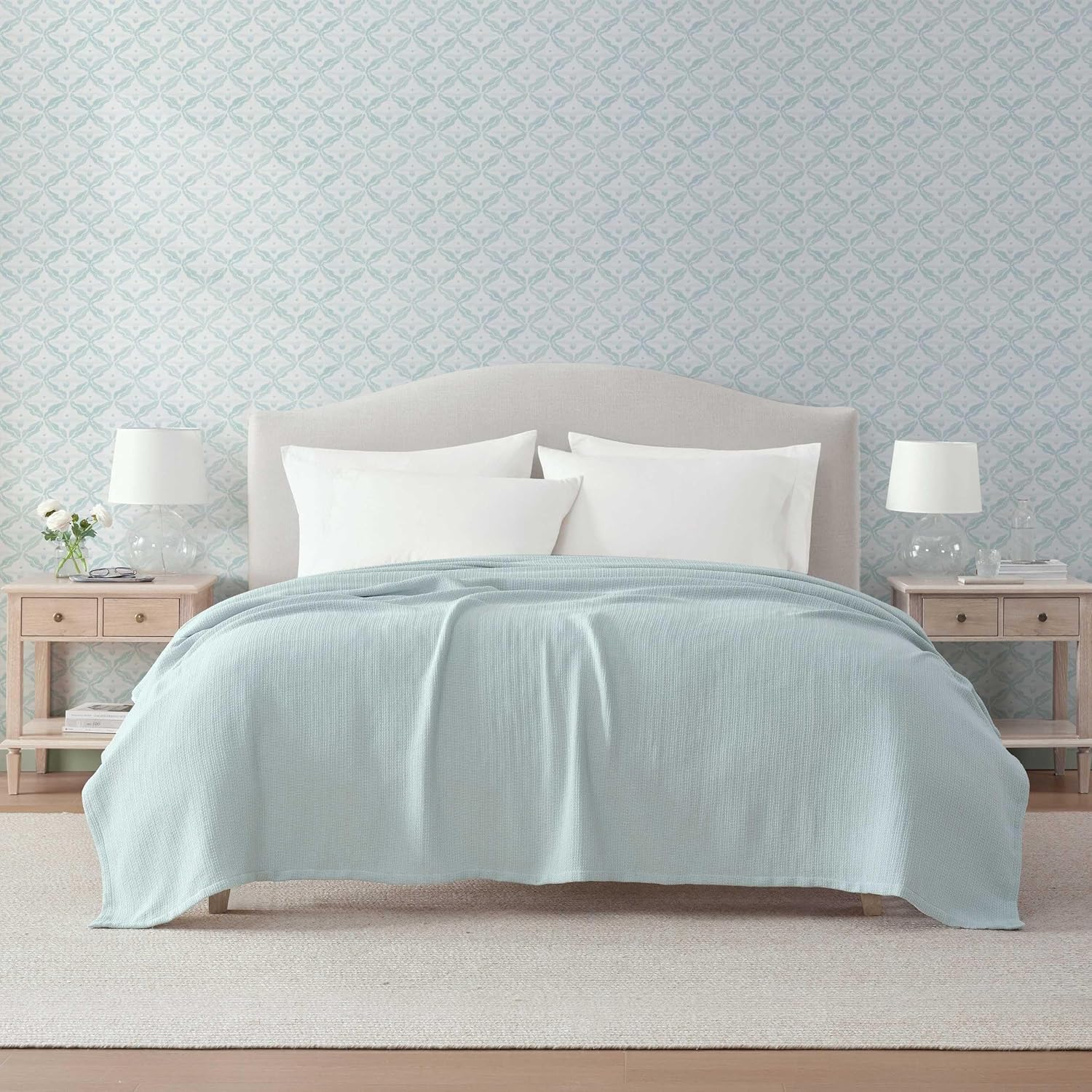 Martha Stewart - Queen Bed Blanket, 100% Cotton Textured Basket Weave Bedding, Breathable & Lightweight Blanket for Couch or Bed, Bedford Tile Blue