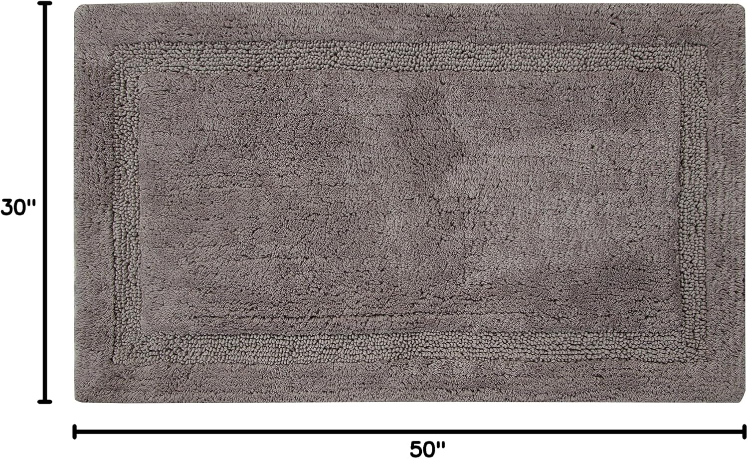 Bath Rug 100% Soft Cotton, Size 50x30 Inch, Latex Spray Non-Skid Backing, Solid Grey Color, Textured Border, Hand Tufted, Heavy 190 GSF Weight, Machine Washable