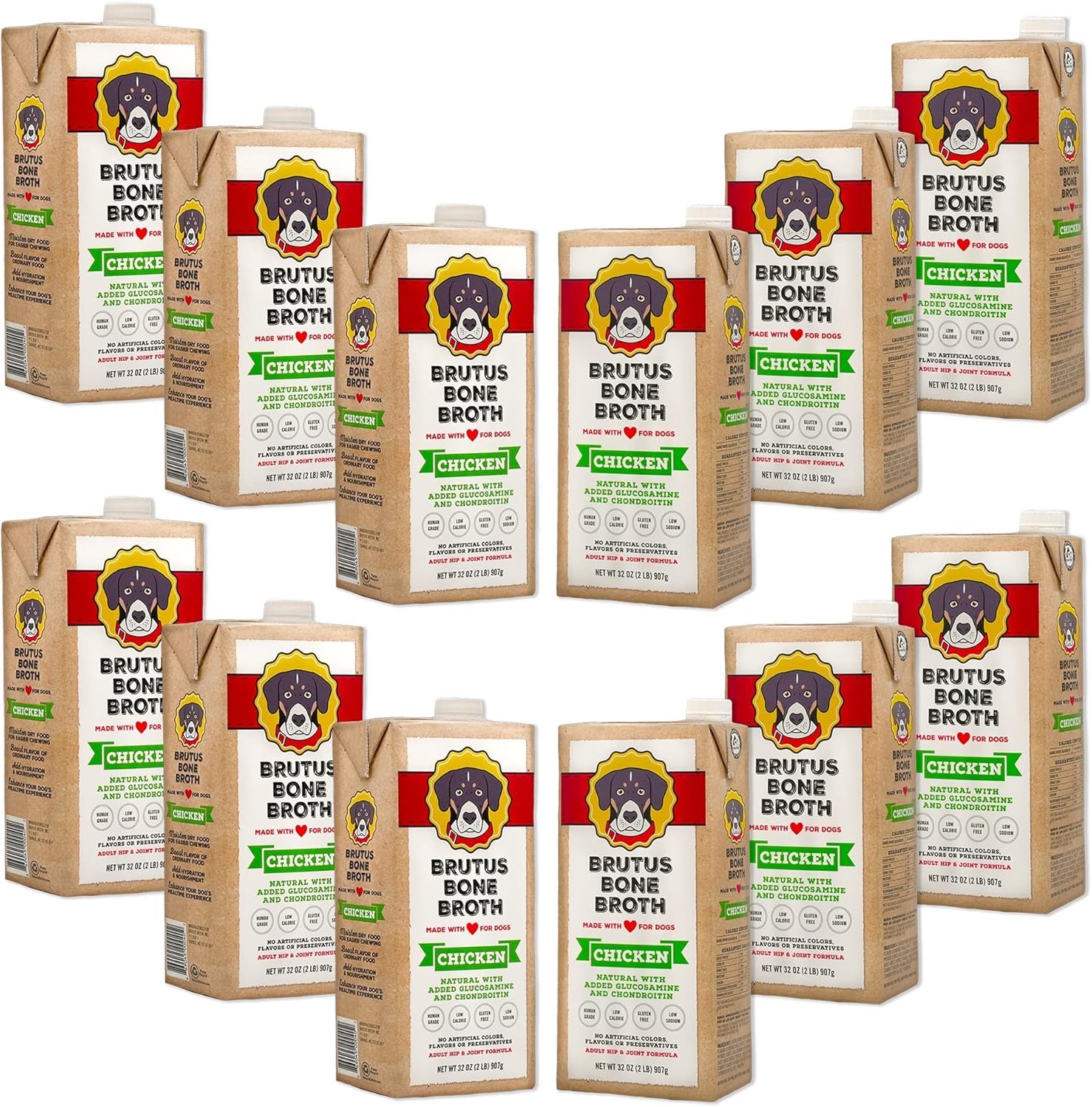 Brutus Chicken Broth for Dogs - All Natural Chicken Bone Broth with Chondroitin Glucosamine Turmeric -Human Grade Dog Sauce Food Toppers for Picky Eaters & Dry Food -Tasty & Nutritious- Pack of 12