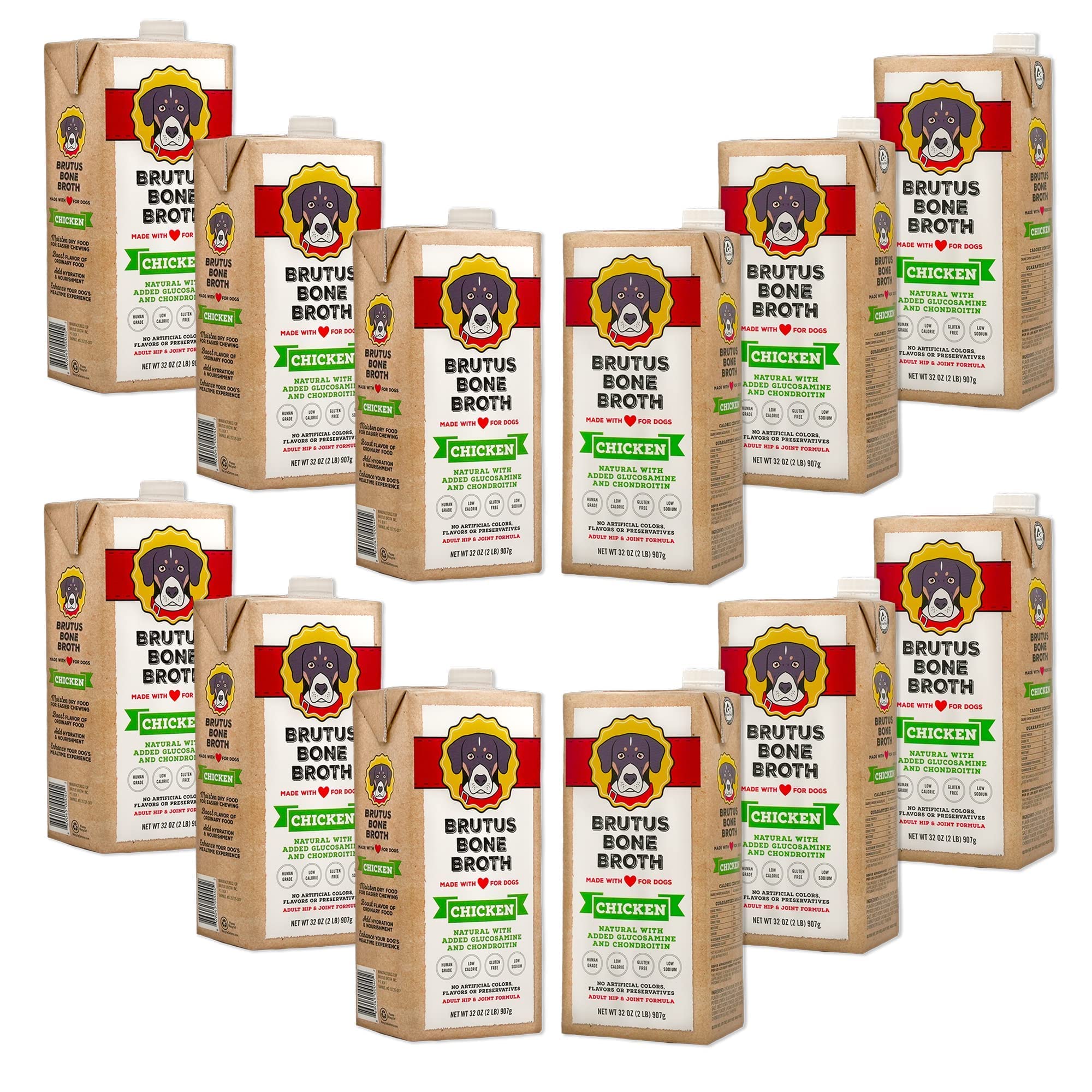 Brutus Chicken Broth for Dogs - All Natural Chicken Bone Broth with Chondroitin Glucosamine Turmeric -Human Grade Dog Sauce Food Toppers for Picky Eaters & Dry Food -Tasty & Nutritious- Pack of 12