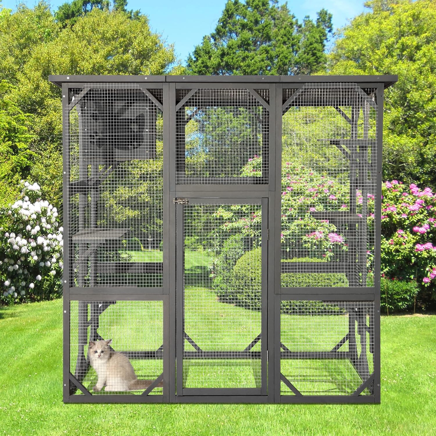 Catio Outdoor Cat Enclosure,4 Tiers Large Outdoor Cat Enclosures for Mulitiple Cats Walk in Cat Patio with Waterproof Roof, 74" Outdoor Catios with Hanging Hammock, Bridge (Dark Grey)