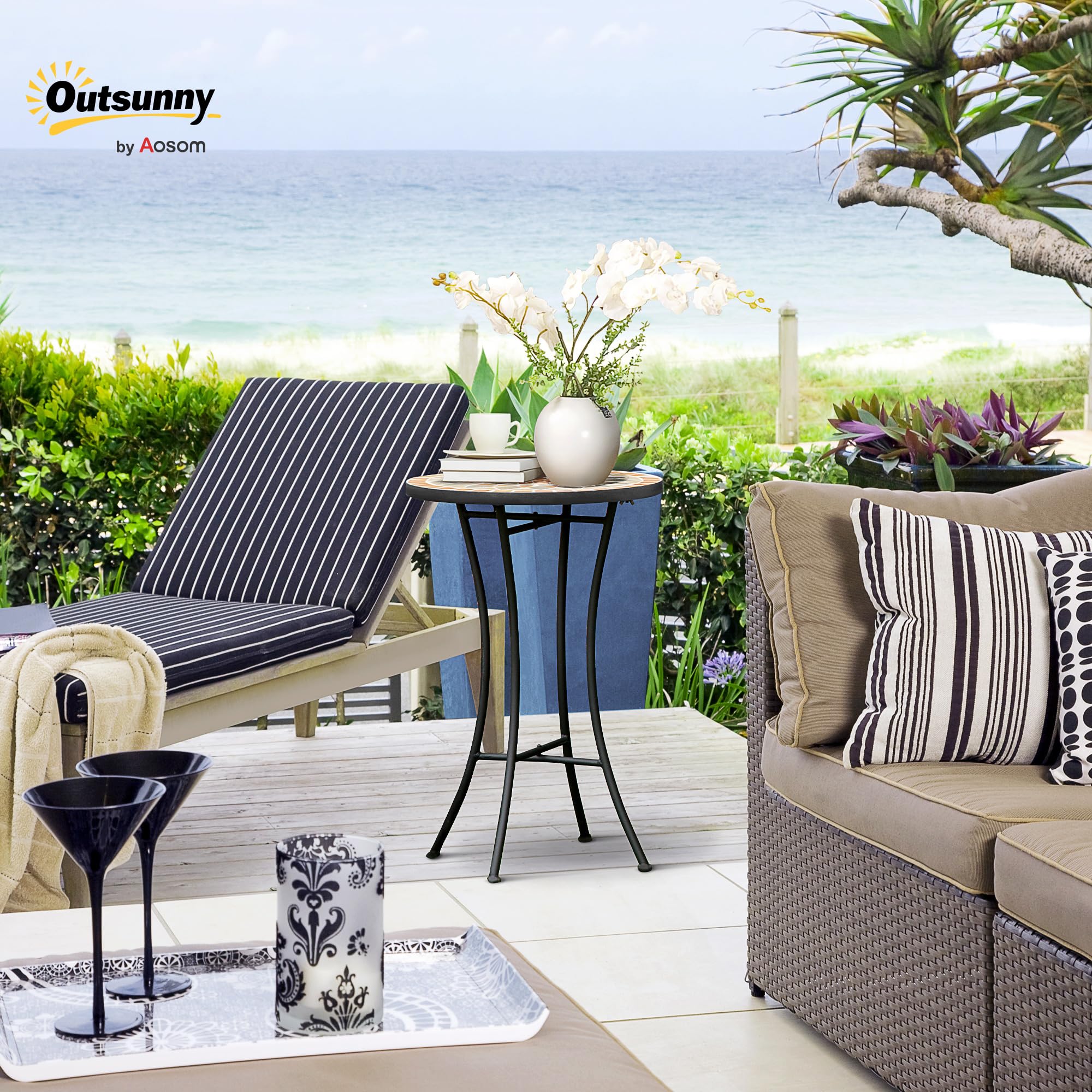 Outsunny Tavolino da Giardino Rotondo Ø35.5x53.5 cm Ceramica Mosaico Metallo Nero Giallo Grigio Bianco