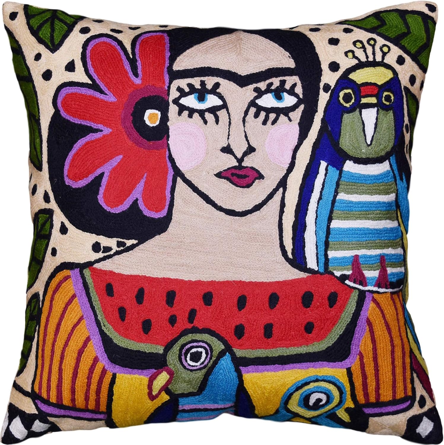 Kashmir Designs Bella Senorita Parrot Pillow Cover Mexican Art Pillows Hand Embroidered Fawn