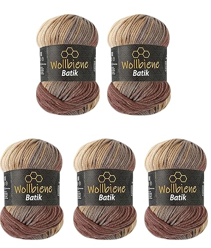 5 x 100 g Wool Bee Batik 500 g Wool with Colour Gradient Multicoloured Knitting Wool Crochet Wool (5020 Brown Beige) - 5020 Brown Beige