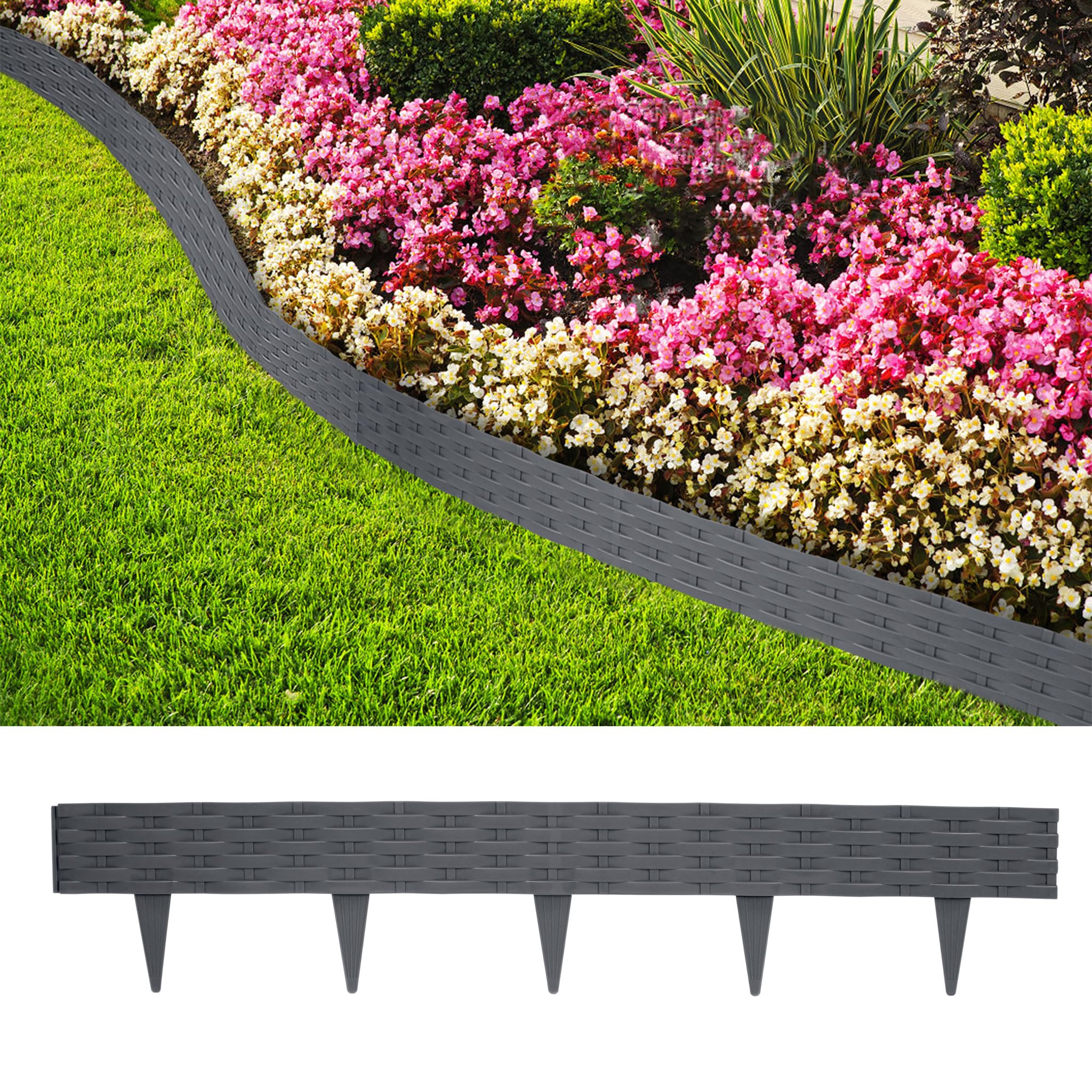 Rasenkante Kunststoff 20m Rattan-Optik Anthrazit 20 Stück Garten