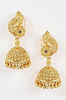 Gold Traditional Temple Jewellery 18k One Gram Gold Ethnic Brass Stylish South Indian Ghungroo Screw Back Studs Meenakari Peacock Ruby Jhumki Earrings Set for Women -JHUMKI-M143