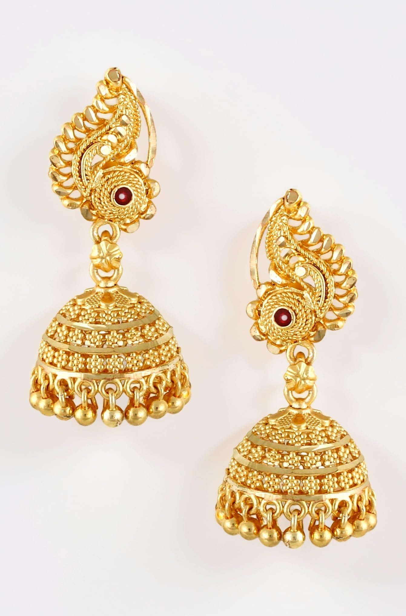 Gold Traditional Temple Jewellery 18k One Gram Gold Ethnic Brass Stylish South Indian Ghungroo Screw Back Studs Meenakari Peacock Ruby Jhumki Earrings Set for Women -JHUMKI-M143