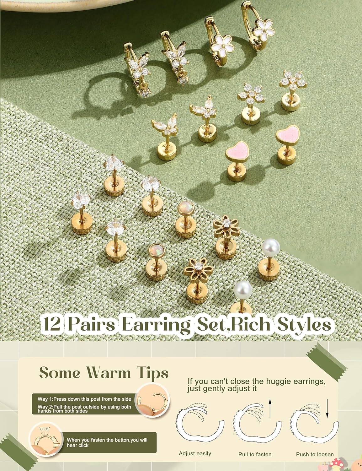 LOLIAS Hypoallergenic Flat Back Earrings for Women Girls-Cute Toddler Kids Teen Girls Earring Set-Surgical Steel Earrings for Sensitive Ears-14K Gold Plated Stainless Steel Flatback Studs Screw Back Small Hoop Cartilage Earring Stacks - Image 3