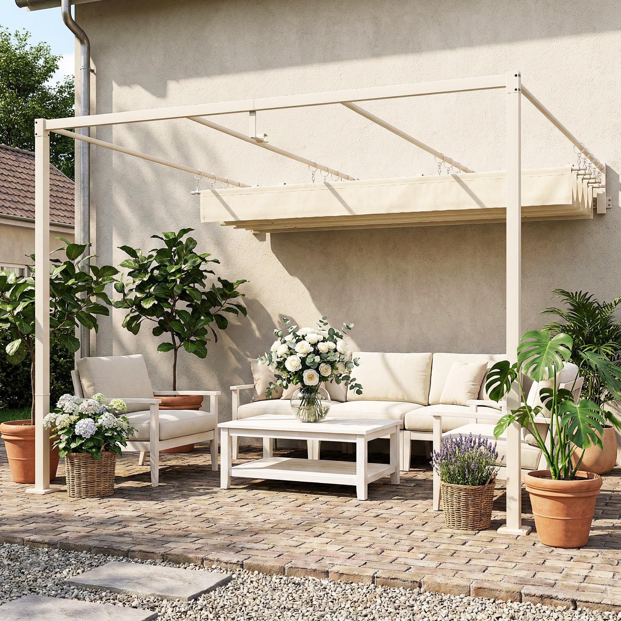 Outsunny Pérgola de Pared de Jardín 3x3 m, Cenador de Jardín con Techo Retráctil, Protección UPF30+, Orificios de Drenaje y Estructura de Acero, Pabellón para Patio, Terraza, Exterior, Beige — view 8
