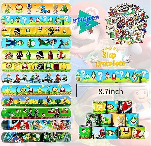 Miniatura 4 de SSJYILE 98 recuerdos de fiesta de Mario, suministros de fiesta de Mario incluyen sellos, pulseras de palmada, bolsas de regalo, sellos, máscaras de