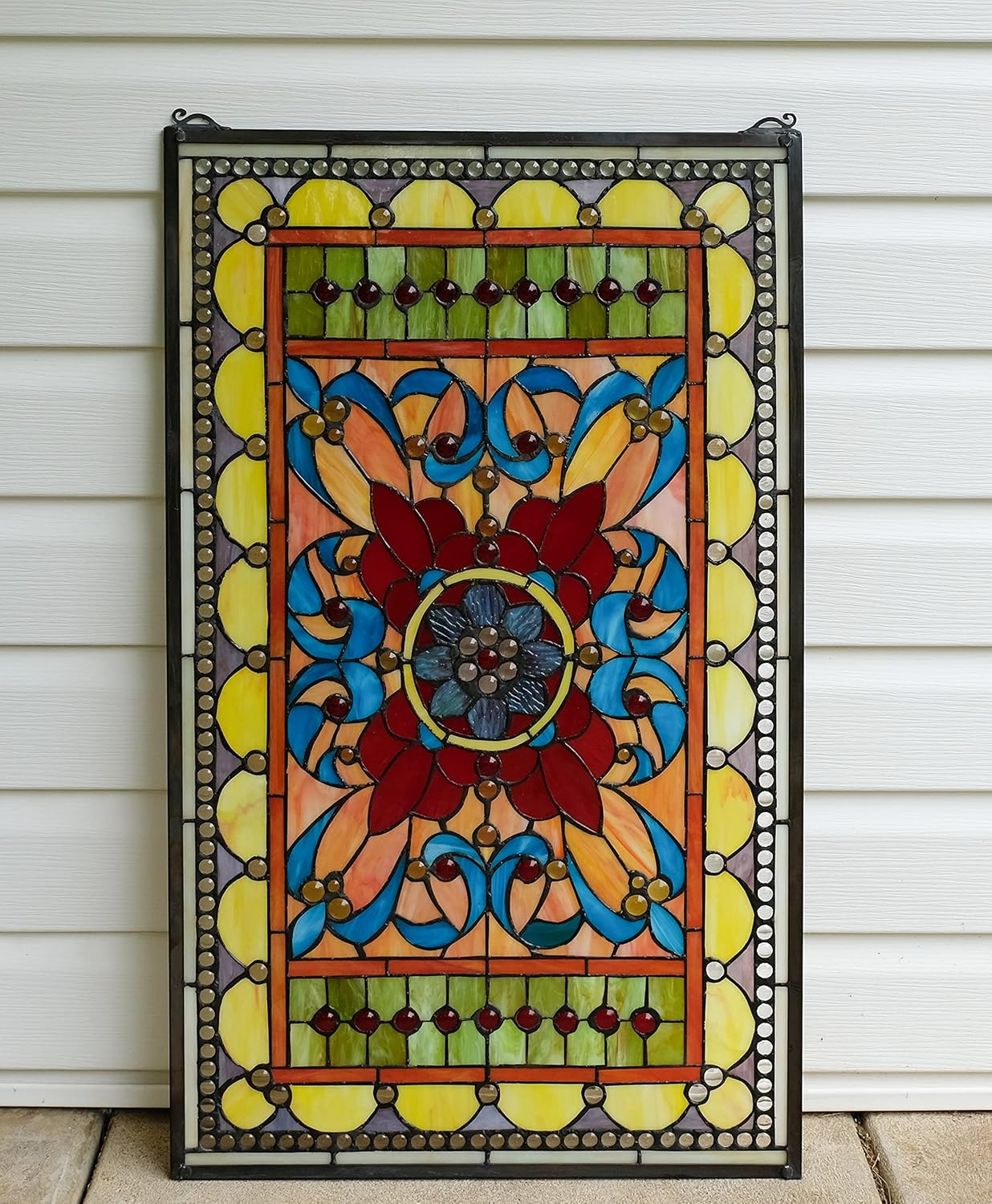 20" W x 34" H Handcrafted Hanging Jeweled Stained Glass Window Panel.