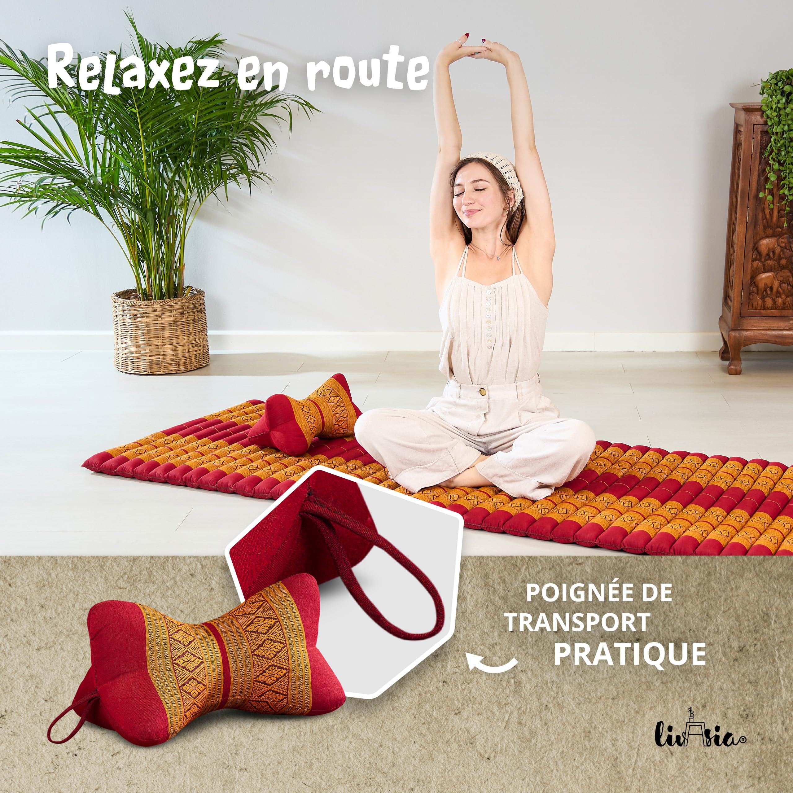 livasia Coussin appuie-Nuque - Ø 15x32cm - Coussin cale-Nuque Forme d’os, Traversin de Sofa, Support de Lecture kapok, Jardin Balcon, Oreiller de Voyage Fait Main (Rouge/Jaune)