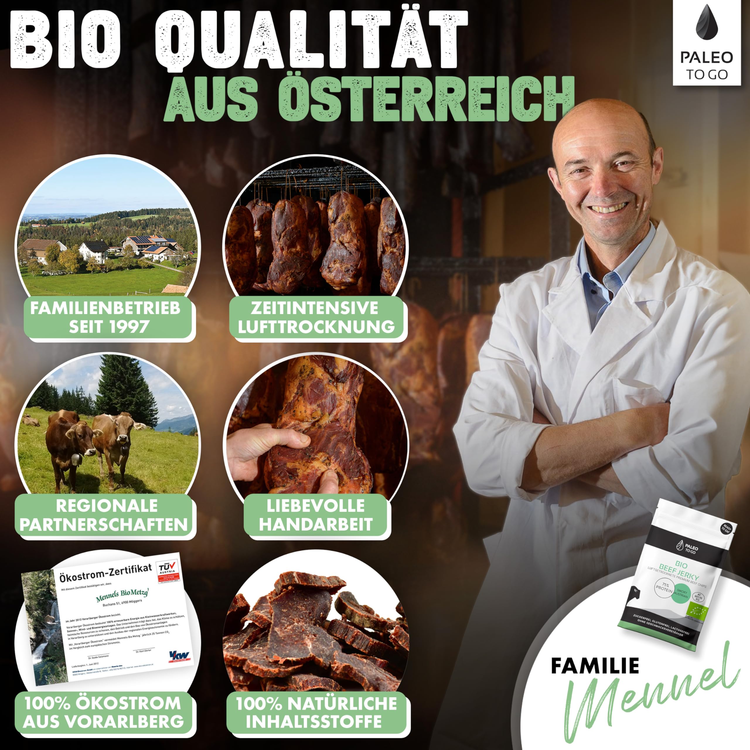 PALEO TO GO Bio Beef Snack Bundle, Beef Jerky und Beef Chips aus Bio Rindfleisch, High Protein Trockenfleisch, Low Carb Eiweiß Snack, Made in Austria, ohne Konservierungsstoffe