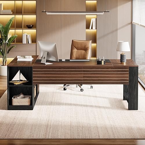 Miniatura 9 de Tribesigns Escritorio ejecutivo en forma de L de 78 pulgadas, escritorio grande para computadora de oficina con cajones y archivador lateral,