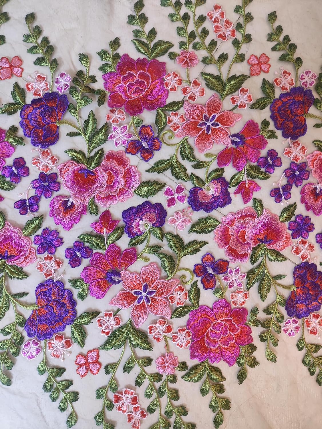 40CM Width Floral Embroidered Fabric, Pink and Purple on Apricot Mesh, 58 Inches Wide, Floral Theme,(White 1 Yard)