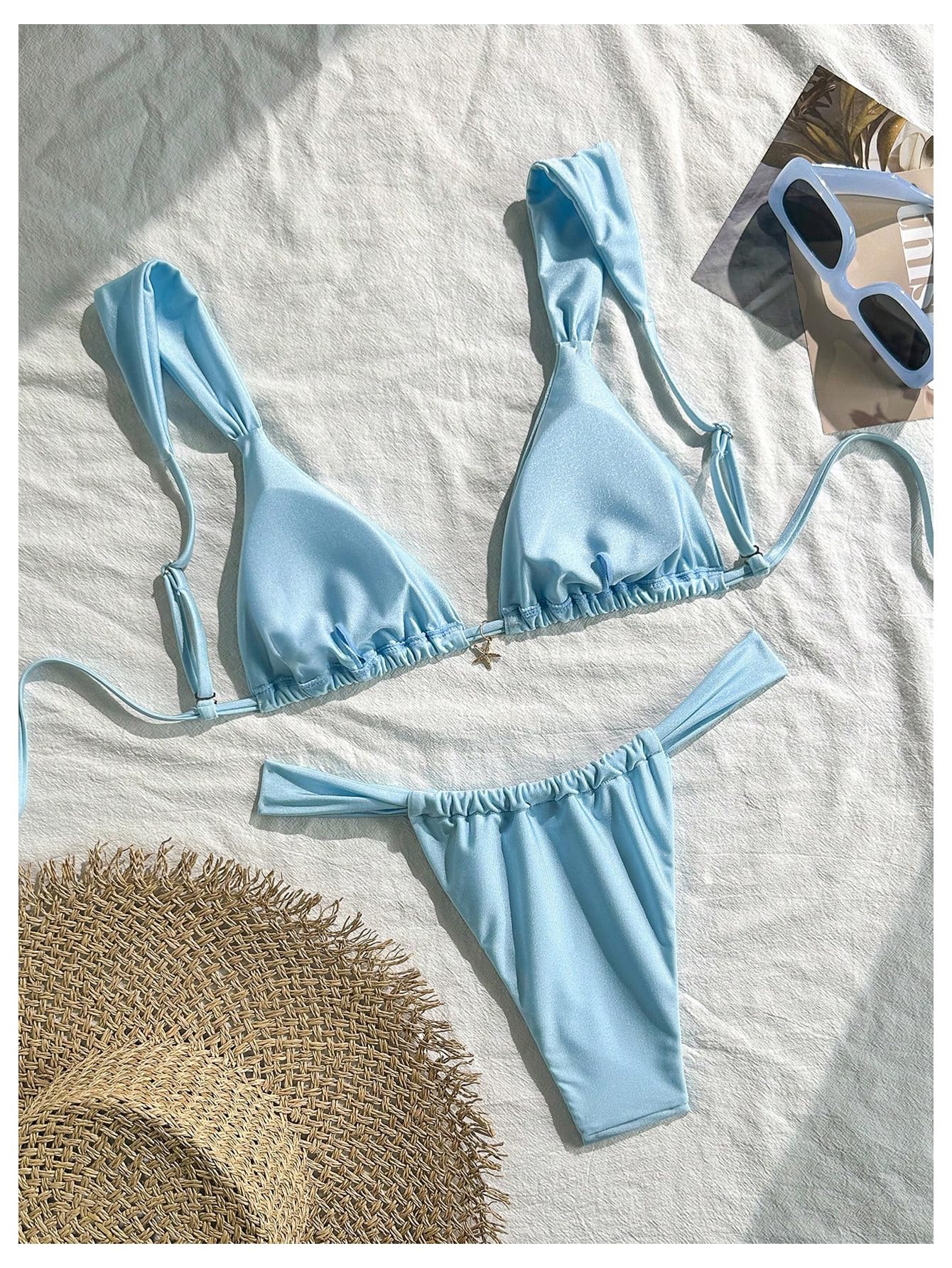 Damski Dwuczęściowy Zestaw Bikini Trójkątne Stringi Brazylijski Strój Kąpielowy Niebieski Średni